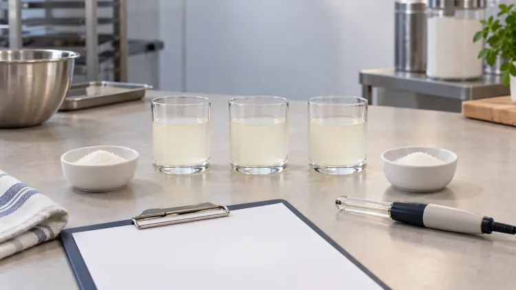 Illustrative controlled food-formulation comparison with three equal samples, two unlabeled crystalline ingredients and an unfilled trial record; not actual test results.