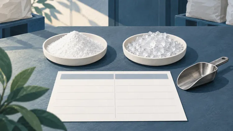 Editorial illustration of powder and crystal samples beside a blank procurement comparison sheet; not a batch test.