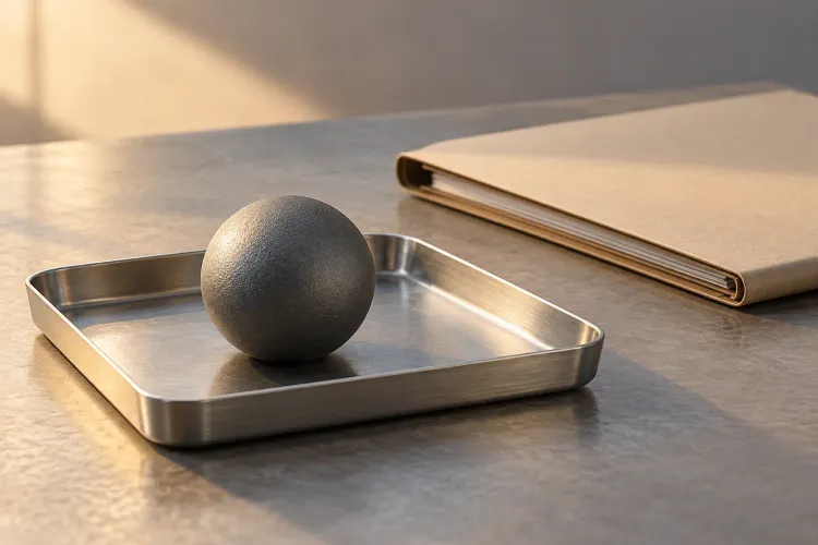 Conceptual unmarked graphite sphere on a tray beside a blank folder, not a MOS test sample